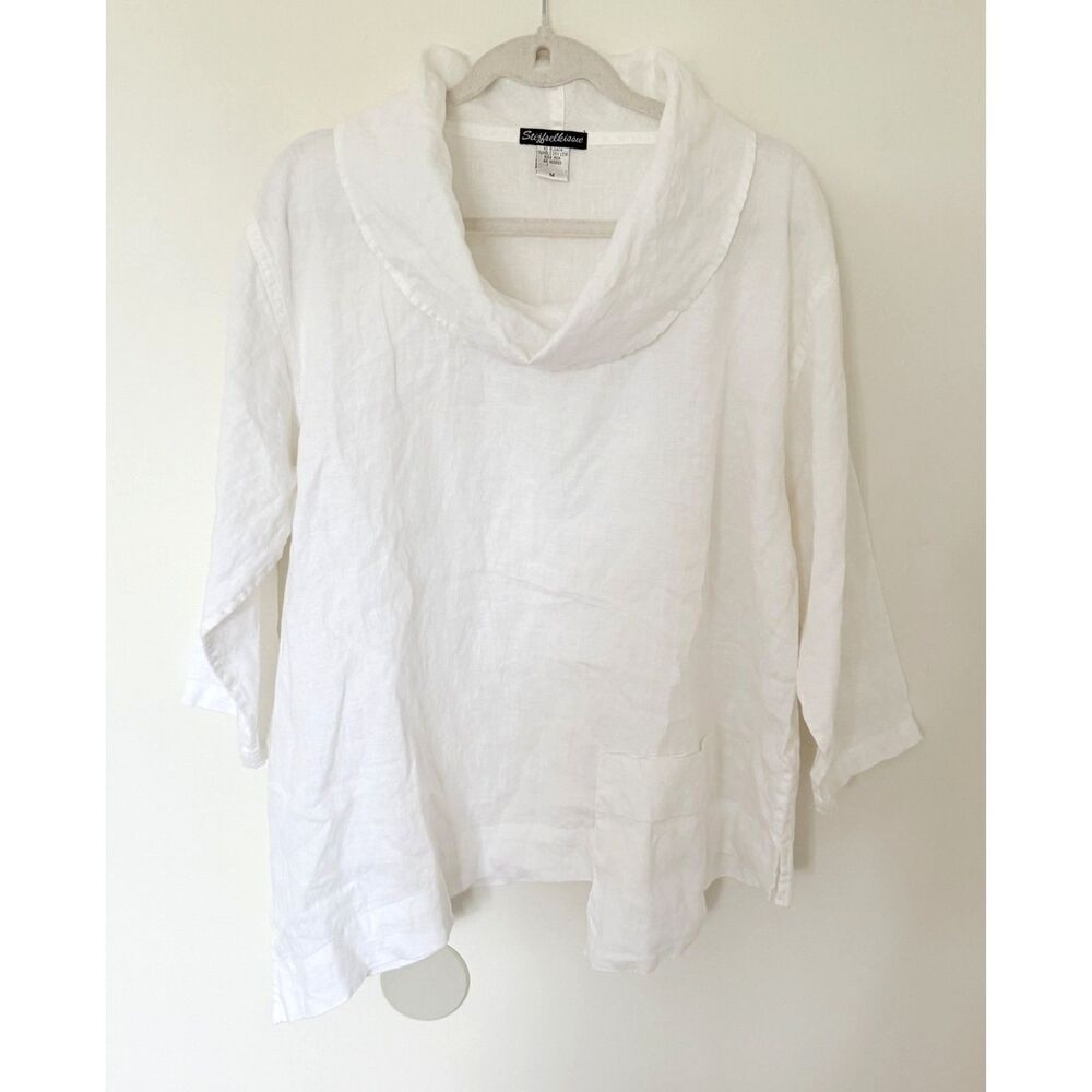 Stijfselkissie Linen Tunic Top Lagenlook Artsy Cowl Neck Asym Hem Pocket Sz M
